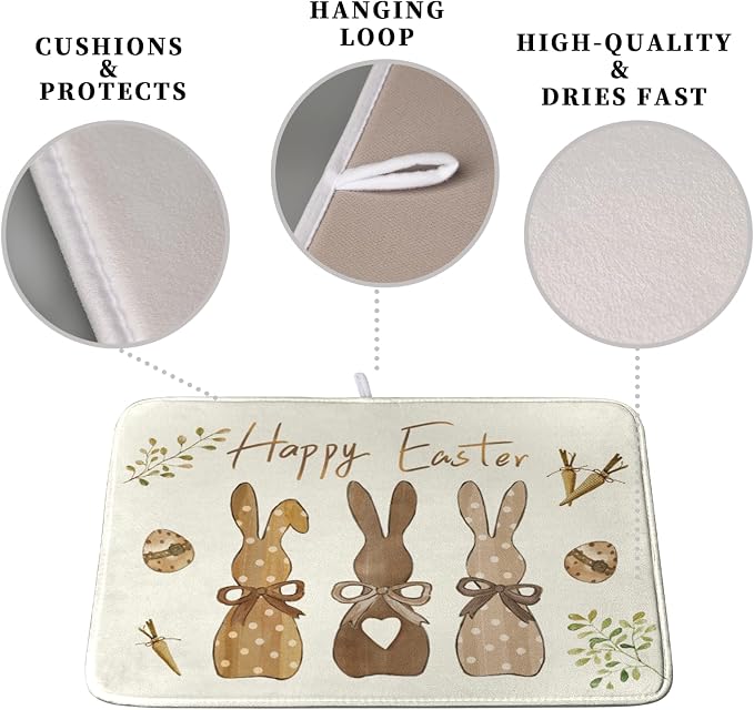 Happy Easter Bunny Dish Drying Mat Rabbits Egg Carrot Dish Pad for Kitchen Counter 16x18 Inch Microfiber Absorbent Spring Bufflao Plaid Dish Draining Mat Reusable Washable Dish Drainer Rack Mat
