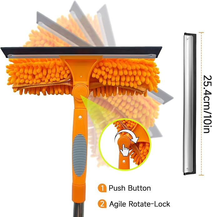 2 in 1 Window Squeegee Cleaner Kit Extension Pole, 67 in, Orange | Window Washing Equipment with Bendable Head for Indoor & Outdoor High Windows and Car Glass