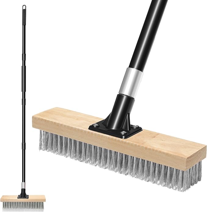TidyBliss Stainless Steel Wire Scrub Brush with Long Handle, Heavy Duty Stiff Metal Broom Scrubber, Outdoor Moss Removal for Concrete Floor, Deck, Garden, Patio, Roof, Brick, Garage, Swimming Pool