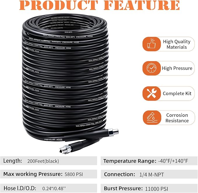 Sewer Jetter Kit for Pressure Washer 200FT, 5800PSI Drain Cleaner Hose with 1/4 Inch NPT Corner, Rotating Nozzle and 4 Different Button Nose Sewer Jet Nozzles, Waterproof Tape and 2 Spanners (Black)