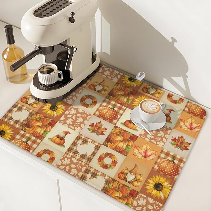 Fall Thanksgiving Dish Drying Mat for Kitchen Counter Autumn Harvest Orange Dish Drainer Mat Rustic Absorbent Washable Drying Pad 18"x24"