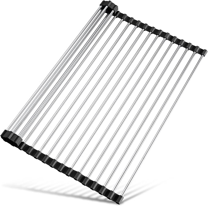 Tomorotec 17.7" x 12.5" Roll Up Dish Drying Rack Over Sink Drying Rack Sink Cover Kitchen Sink Accessories Gadget Multipurpose Organizer Foldable Stainless Steel Drainer