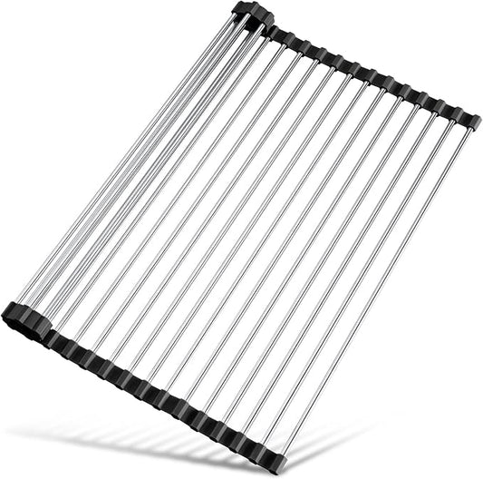 Tomorotec 17.7" x 12.5" Roll Up Dish Drying Rack Over Sink Drying Rack Sink Cover Kitchen Sink Accessories Gadget Multipurpose Organizer Foldable Stainless Steel Drainer
