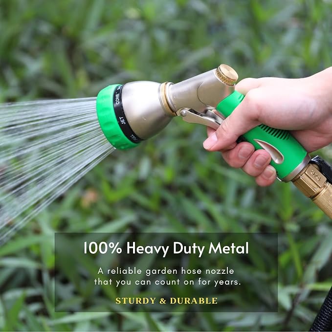 HOSUN 100% Metal Garden Hose Nozzle Sprayer with Ergonomic Handle, Green | Heavy Duty, 8 Spray Patterns, Zinc Alloy Body, High Pressure, Non-Slip Grip, Squeeze latch, Watering Plant, Washing Car