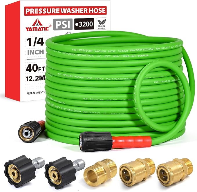 YAMATIC Super Flexible Pressure Washer Hose 40FT for Power Washer Replacement, Kink Resistant Extension With Leak-Free M22-14mm Female & 3/8" Quick Connect Adapters, 1/4" 3200 PSI, Green