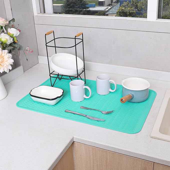 MicoYang Silicone Dish Drying Mat for Multiple Usage,Easy clean,Eco-friendly,Heat-resistant Silicone Mat for Kitchen Counter or Sink,Refrigerator or Drawer Liner Mint 3XL 28 inches x 18 inches