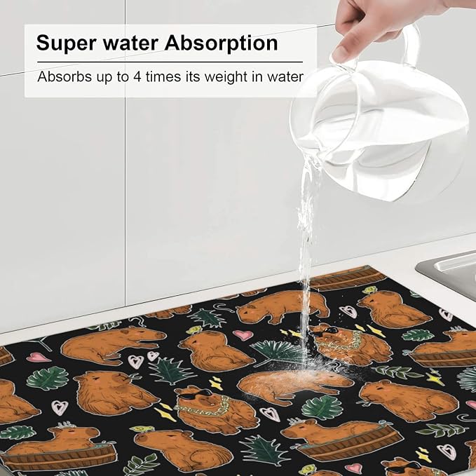 Capybara Dish Drying Mat for Kitchen Counter Cute Kitchen Mat Microfiber Kitchen Countertop Absorbent Reversible Drainer Rack Pad Dish Drying Mat 18 x 24 Inch