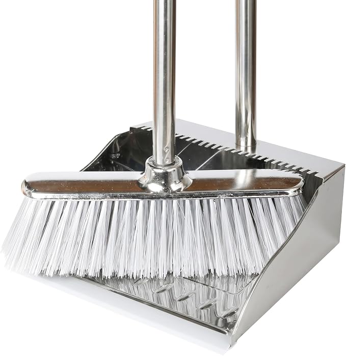 Metal Dustpan with Soft Bristles Broom Heavy Duty Stainless Steel Upright Standing Dust Pan and Broom for Sweeping Indoor Outdoor Home Kitchen Office Lobby Hardwood Floor Cleaning