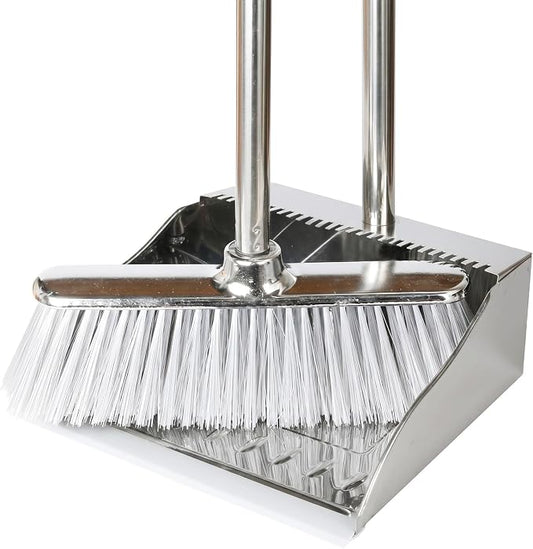 Metal Dustpan with Soft Bristles Broom Heavy Duty Stainless Steel Upright Standing Dust Pan and Broom for Sweeping Indoor Outdoor Home Kitchen Office Lobby Hardwood Floor Cleaning