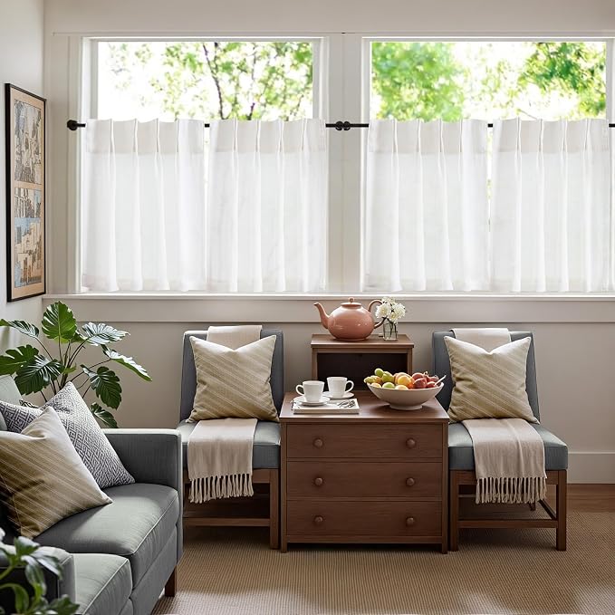 jinchan Linen Pinch Pleated Back Tab Tier Curtains, 26x30, 2 Panels, White | Light filtering,small window treatment,cafe curtains,machine washable,farmhouse,kitchen,bathrooms,laundry