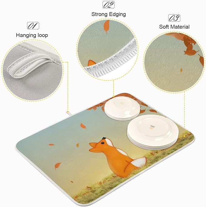 Absorbent Dish Drying Mat for Kitchen Counter - Cute Fox Microfiber Drying Pad, Reversible Drainer Mats for Countertop, Small 16 x 18 inch