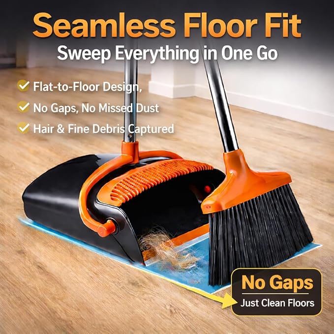 Broom and Dustpan Set with Long Handle, Upright Standing Self-Cleaning Combo, Windproof Dustpan with 6 Bonus Cleaning Tools for Pet Hair, Home, Kitchen, Garage & Apartment