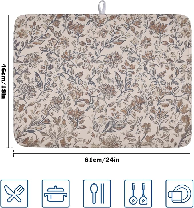Vintage Floral Dish Drying Mat for Kitchen Counter Brown Antique Flower Microfiber Dish Drainer Mat Rustic Neutral Absorbent Washable Drying Pad Extra Large 18"x24"