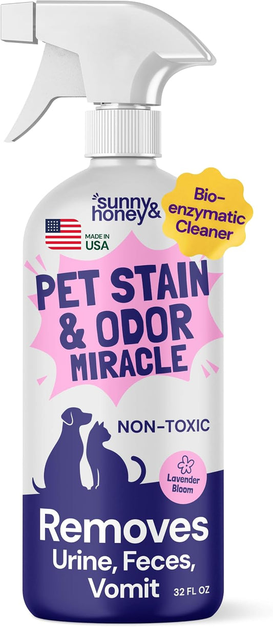 Sunny & Honey Pet Stain and Odor Remover Spray for Carpets, 32floz Lavender | USA Made - Enzyme Cleaner for Dog Urine & Poop - Eliminates Set In Stains - Color Safe - For Rugs, Furniture & Car Seats