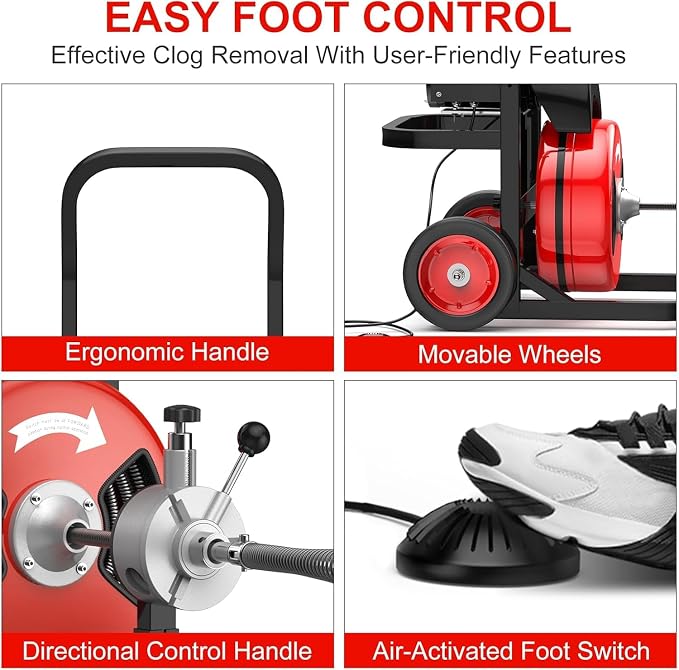 100Ft 3/4 Inch Drain Cleaning Machine. Sewer Snake 750w Auto Feed with 6 Cutter, Portable Drain Cleaning Machine Electric Drain Auger Sewer Auger Air-Activated Foot Switch for 4" to 8" Pipes