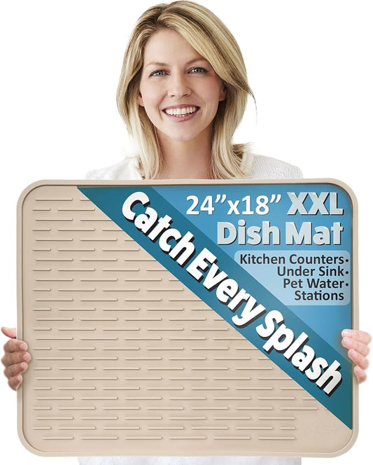 XXL Silicone Dish Drying Mat for Kitchen Counter or Under Sink, 24" x 18" Extra Large, Waterproof Pet Feeding Mat, Dog Food, Water Bowls, Under Drying Racks for Dishes, Coffee Bars, Bar Mats (Beige)