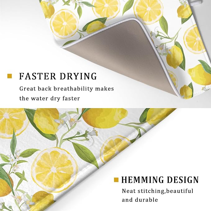 Lemon Dish Drying Mat for Kitchen Counter Spring Summer Microfiber Absorbent Dish Draining Reusable Washable Foldable Extra Large 18"x24"