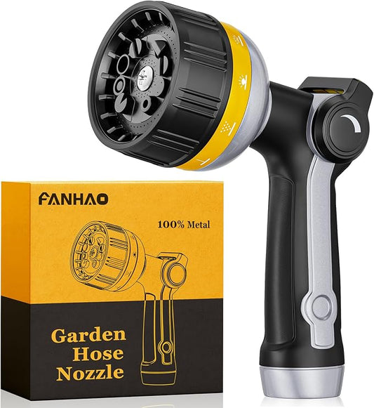 FANHAO Metal Thumb Control Garden Hose Nozzle Heavy Duty, 10 Spray Patterns | Rustproof Leak Proof, Comfortable Non-Slip Handle, High Pressure Hose Sprayer for Watering Plants, Car & Pet Washing, Yellow