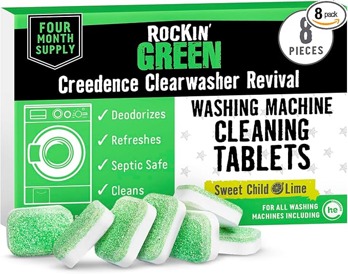 Rockin' Green Deep Cleaning and Deodorizing Tablets for Dishwashers, Washing Machines, and Garbage Disposals, Removes Odor and Residue (Washing Machine Cleaning Tablets, 8 Pack)