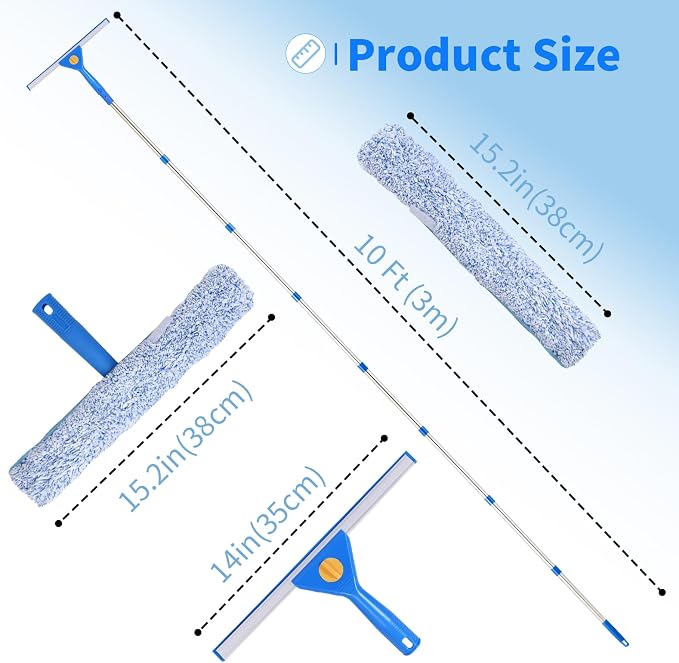 10Ft Window Squeegee with Long Handle, Window Washer for High Windows Glass | 14" Squeegee for Window Cleaning, 15" Microfiber Scrubber, 120" Window Cleaning Kit, Window Washing kit for Home, Outdoor