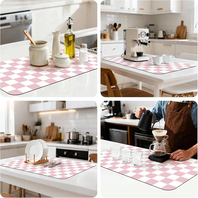17" x 32" Checkered Dish Drying Mat for Kitchen Counter, Absorbent Coffee Bar Mat for Espresso Machine Coffee Countertops Accessories, Pink
