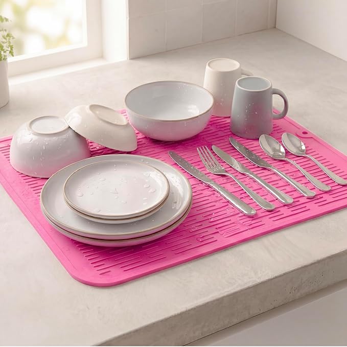 MicoYang Silicone Dish Drying Mat for Multiple Usage,Easy clean,Eco-friendly,Heat-resistant Silicone Mat for Kitchen Counter or Sink,Refrigerator or Drawer Liner Rose XL 18 inches x 16 inches