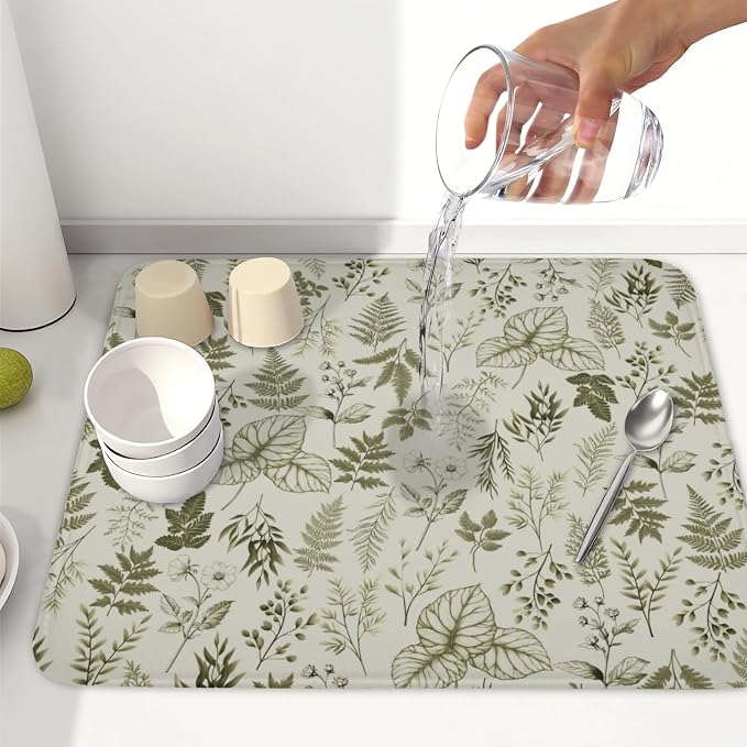 Vintage Botanical Floral Dish Drying Mat for Kitchen Counter Sage Green Herbs Fern Leaves Plant Microfiber Dish Drainer Mat Absorbent Washable Drying Pad 16"x18"