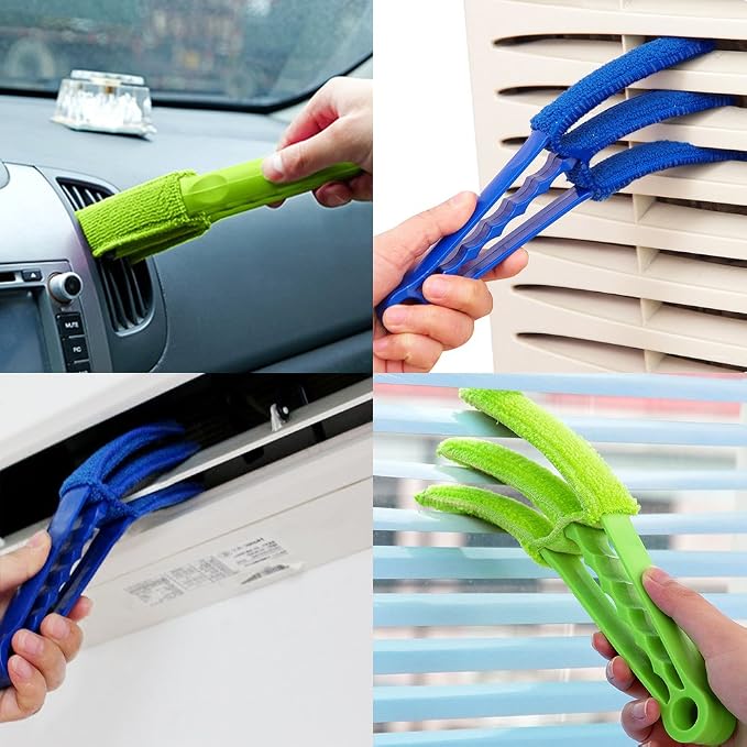 SENHAI Duster, Set of 2 Microfiber Cleaner Brush for Window Blinds, Air Conditioner, Vent, with 2 Extra Sleeves, Blue & Green, ABS Material