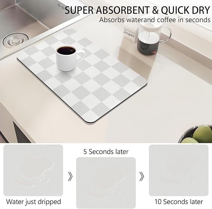 Dish Drying Mat for Kitchen Counter,12"x 19" Super Absorbent Kitchen Dish Drying Pad, Coffee Bar Mat with Rubber Backed, Coffee Bar Accessories for Countertop Dishes Utensils,Grey Checkered