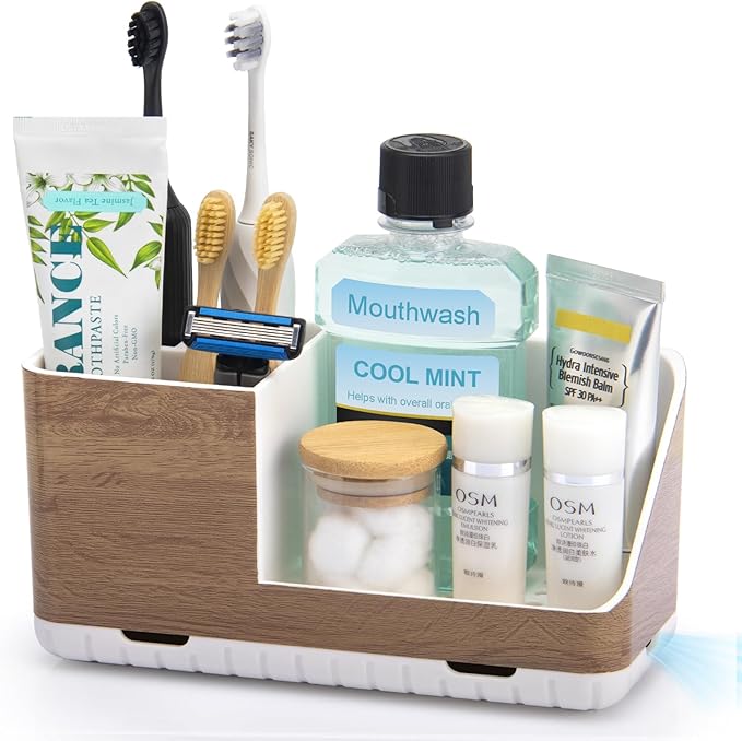 PARKMANI Toothbrush Holders for Bathrooms Countertop Organizer and Storage, Kids Electric Toothbrush and Toothpaste Holder, Bathroom Accessories Vanity Organizer (Wood Grain)