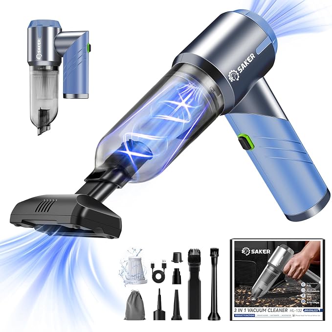 Saker Handheld Car Vacuum Portable Cordless17000Pa HL132 Blue | Small Car Vacuum with Brushless Motor,Air Duster Blower,Rechargeable Foldable Vacuum Cleaner,for Home, Office Pet