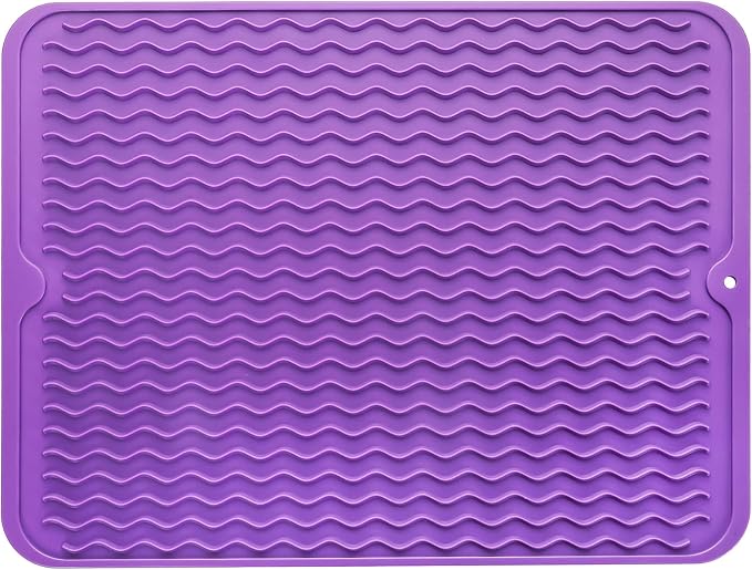 MicoYang Silicone Dish Drying Mat — Quick-Dry Ridges Counter & Sink Pad, Heat-Resistant Trivet to 450°F, Non-Slip & Dishwasher Safe, Roll-Up Storage, 18 Colors & 9 Sizes (Purple, 16"×12")