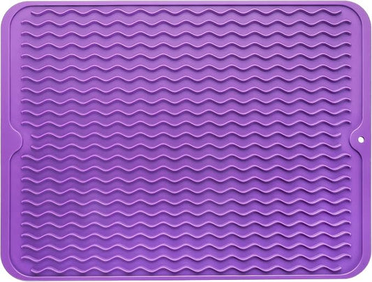 MicoYang Silicone Dish Drying Mat — Quick-Dry Ridges Counter & Sink Pad, Heat-Resistant Trivet to 450°F, Non-Slip & Dishwasher Safe, Roll-Up Storage, 18 Colors & 9 Sizes (Purple, 16"×12")