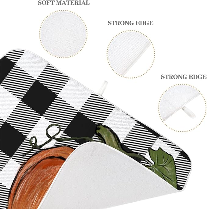Fall Dish Drying Mat 18 x 24 Inch Thanksgiving Buffalo Plaid Pumpkin Drying Mat for Kitchen Counter Absorbent Farmhouse Autumn Orange Pumpkin Dishes Dry Pad for Drainer Rack Kitchen Fast Dry