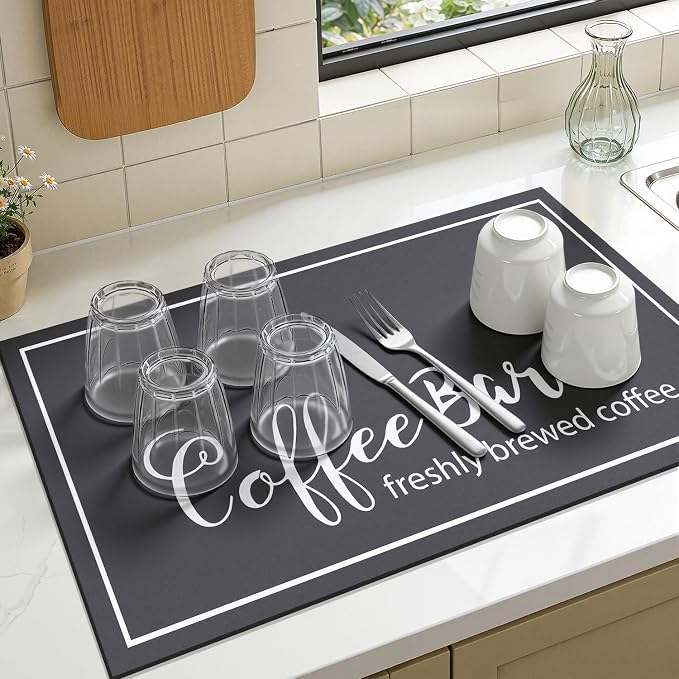 Findosom Dish Drying Mat, 18" x 24" Super Absorbent & Hide Stain Coffee Mat, Cuttable Drying Mat for Kitchen Counter, Coffee Bar Accessories, Under Dish Rack, Coffee Maker, Espresso Machine, DarkGrey