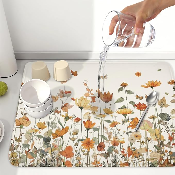 Fall Floral Dish Drying Mat for Kitchen Counter Orange Rustic Vintage Wildflower Pattern Microfiber Dish Drainer Mat Autumn Absorbent Washable Drying Pad Extra Large 18"x24"