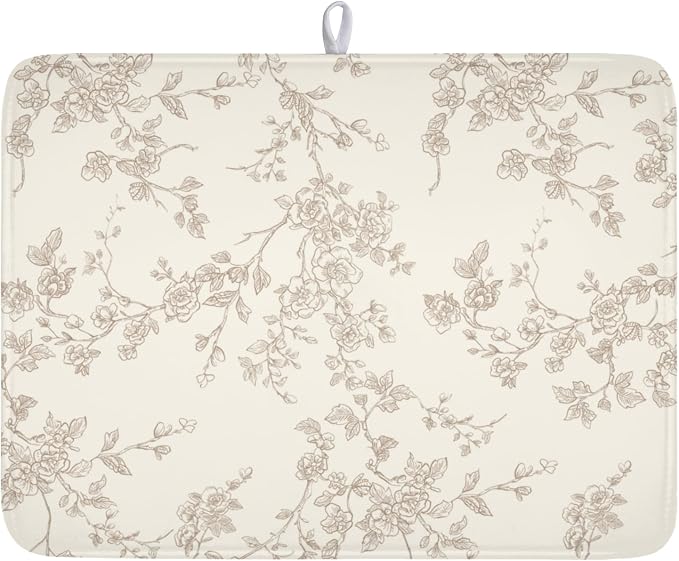 Brown and Cream Chinoiserie Floral Dish Drying Mat 18x24 Inch | Polyester，Absorbent Microfiber，for Kitchen Coffee Dining Bar Decor