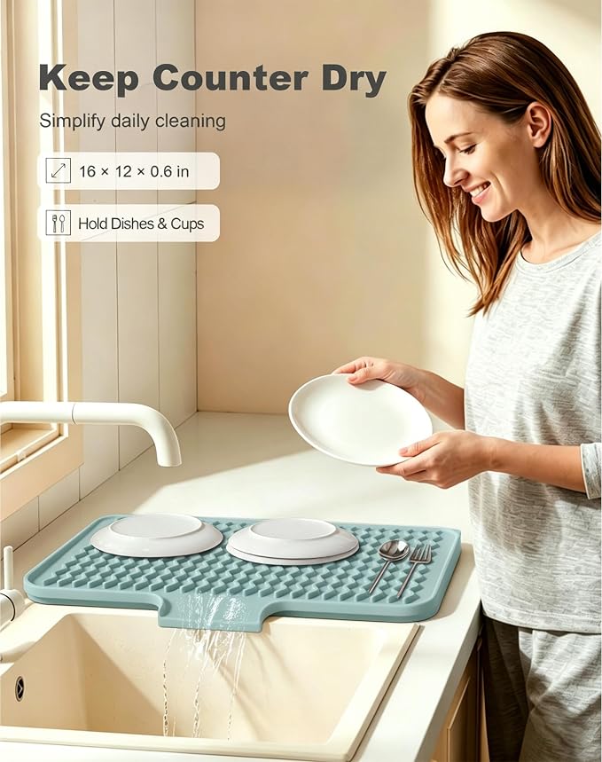 Rnivvi Silicone Dish Drying Mat for Kitchen Counter, 16 x 12" Drainer Pad with Drainage Spout, Non-Slip Countertop Protector Heat Resistant Trivet, Dish Rack Mat for for Sink Dishes, Shadow Green