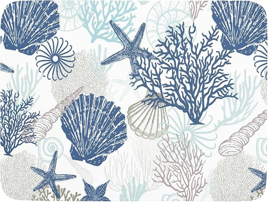 Summer Navy Blue Coral Beach Starfish Dish Drying Mat 18×24 Inch | Polyester，Absorbent Microfiber，for Kitchen Coffee Dining Bar Decor