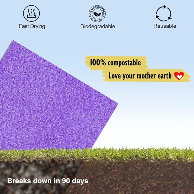 MoLKENE Swedish Dishcloths for Kitchen | 6 Pack Absorbent Cellulose Sponge Cloths Washable | Non-Scratch Reusable Paper Towels Quick Drying Cleaning Cloths - Purple