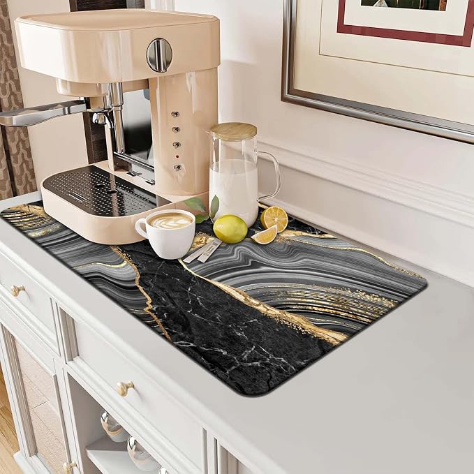 MCALK Marble Black Dish Drying Mat for Kitchen Counter, Gold Dish Drying Pad with Anti-Slip Rubber Base, Absorbent Kitchen Sink Mat with Modern Art Decor (1 pc 18" x 16")