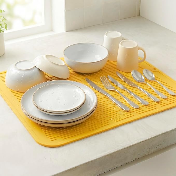 MicoYang Silicone Dish Drying Mat for Multiple Usage,Easy clean,Eco-friendly,Heat-resistant Silicone Mat for Kitchen Counter or Sink,Refrigerator or Drawer Liner Yellow XL 18 inches x 16 inches