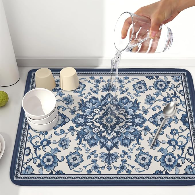 Blue Floral Dish Drying Mat for Kitchen Counter Vintage Flower Pattern Microfiber Dish Drainer Mat Rustic Farmhouse Absorbent Washable Drying Pad Extra Large 18"x24"