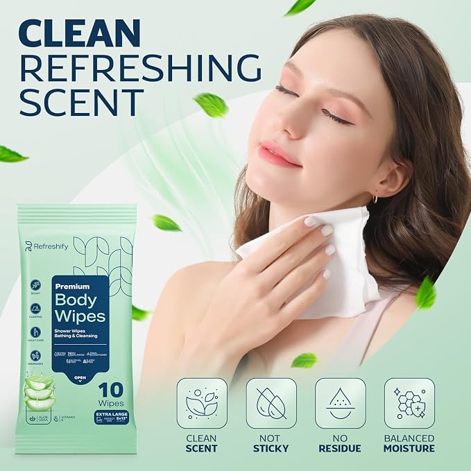 100 Large Shower Wipes – Body Wipes for Adults Bathing No Rinse – 10 Packs of 10 – Extra Moist Bath with Aloe & Vitamin E for Camping, Travel, Gym & Bedridden Care
