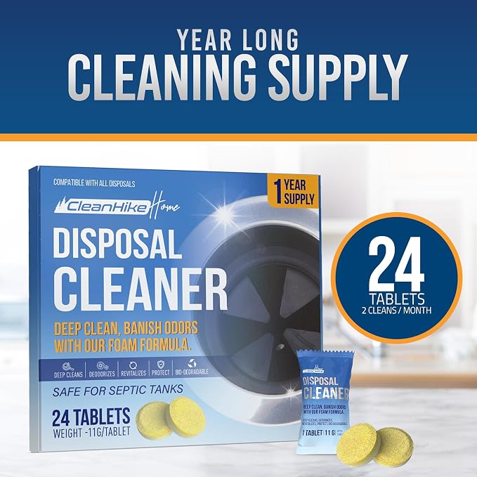 CleanHike Garbage Disposal Cleaning Deodorizer Tablets - (24 Pack), Super Fresh Lemon Foam Deep Cleaning Action Sink, Garburator, Disposer Freshener, Natural Kitchen Drain Care - 1 Year Supply