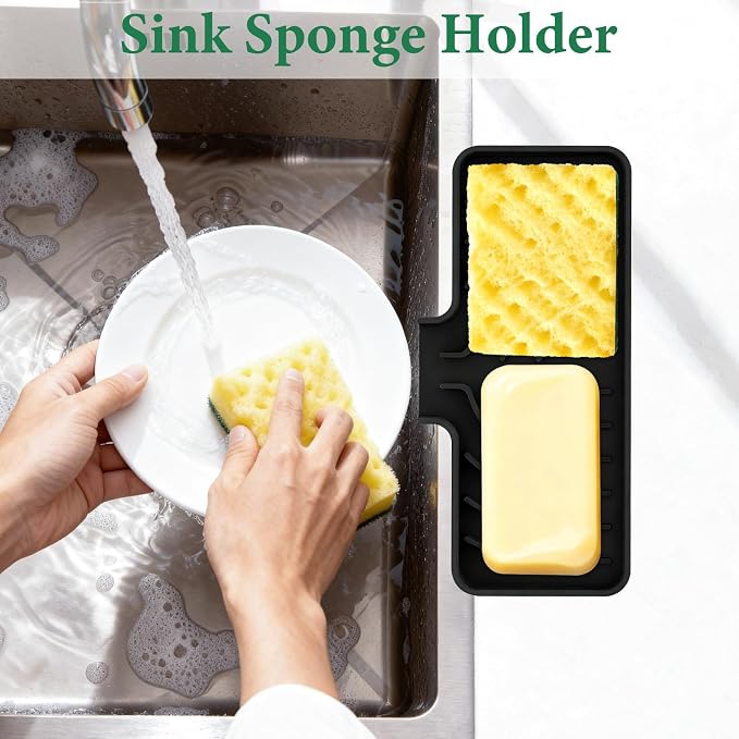 GUUKIN Sponge Holder for Kitchen Sink, Sink Caddy and Soap Tray | 10x4 inch Kitchen Sink Organizer | Compatible with Scrub Daddy, Kitchen Sink Accessories (Black)