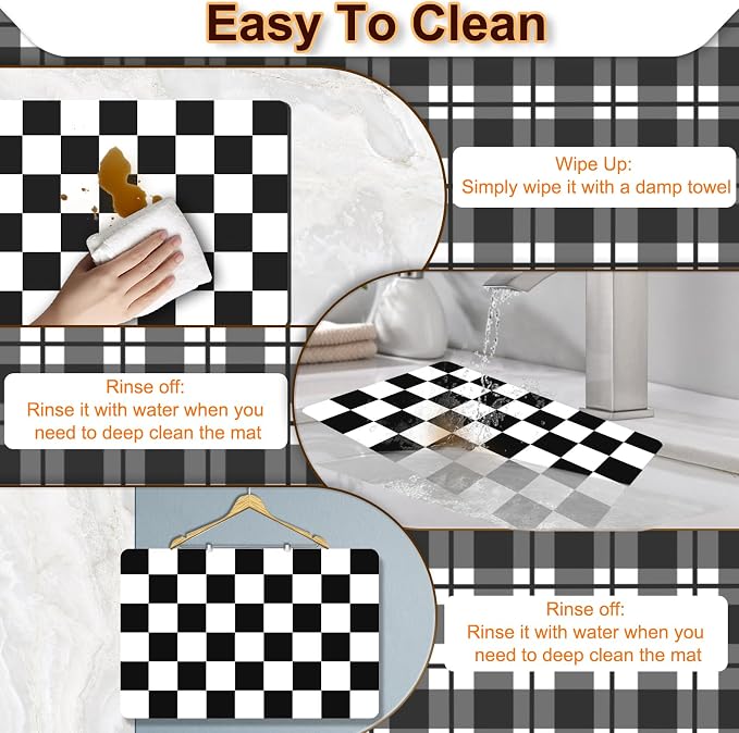 Dish Drying Mat for Kitchen, 16'' x 24'' Coffee Bar Mat for Countertops, Checkered Coffee Station Mats with Non-slip Rubber Backed, Absorbent Dish Dying Mat for Kitchen Counter, Black & White