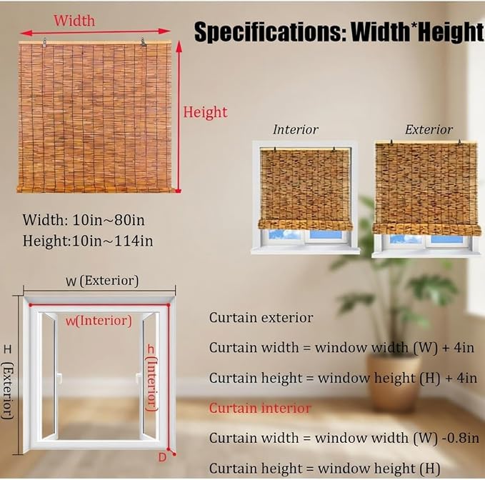 Retro Bamboo Shades for Outdoor Patio Privacy, Waterproof Bamboo Blinds, Natural Reed Bamboo Roll Up Blinds, Bamboo Roller Shades for Porch Gazebo Deck Windows, Sizes 16" to 80" Wide(42" W x 64" H)