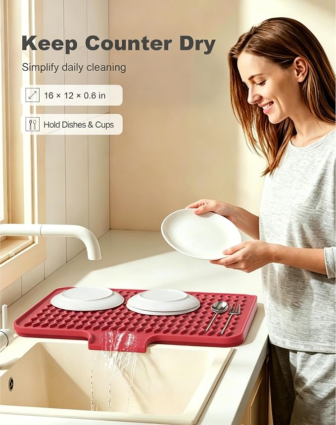 Rnivvi Silicone Dish Drying Mat for Kitchen Counter, 16 x 12" Drainer Pad with Drainage Spout, Non-Slip Countertop Protector Heat Resistant Trivet, Kitchen Decor Mat Sink Drip Pad for Dishes, Red
