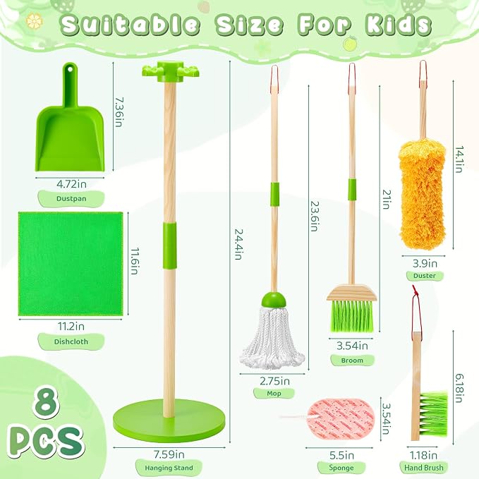 WHOHOLL Wooden Kids Cleaning Set Toddler Broom Set for Housekeeping 8 Pcs Broom and Mop Set for Toddlers 3-6, Cleaning Toys with Dustpan Sponge, Christmas Birthday Gifts for Boys Girls (Green)